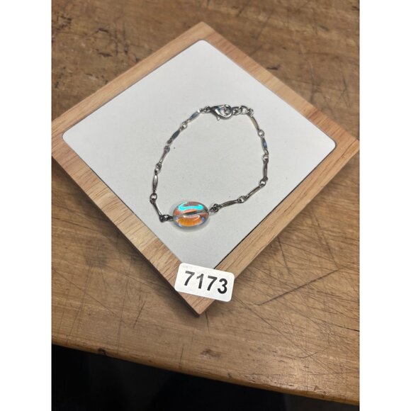 Iridescent Beaded Sterling Silver Bracelet With Oval Glass Accent & Lobster Clas - Picture 2 of 8